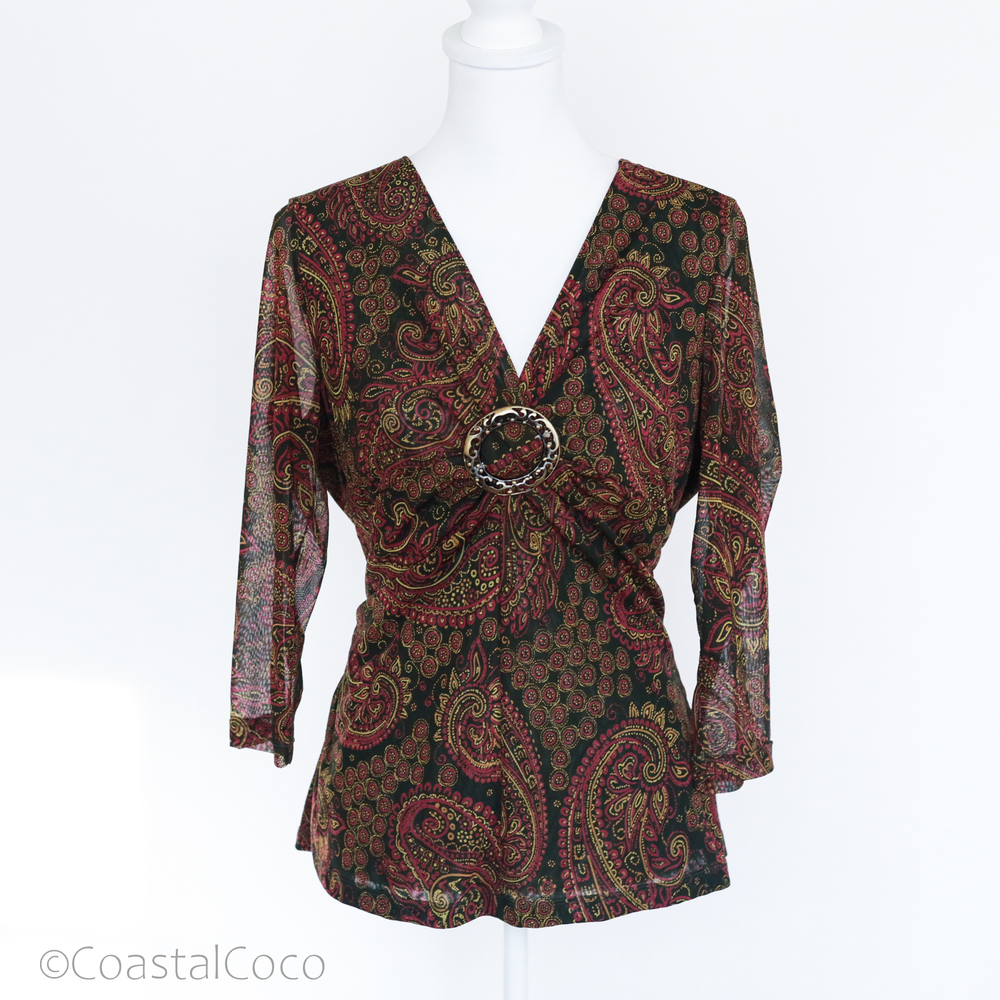 Reba Y2K Paisley Blouse Size L Top Sheer Sleeves Buckle Boho Vintage 2000s